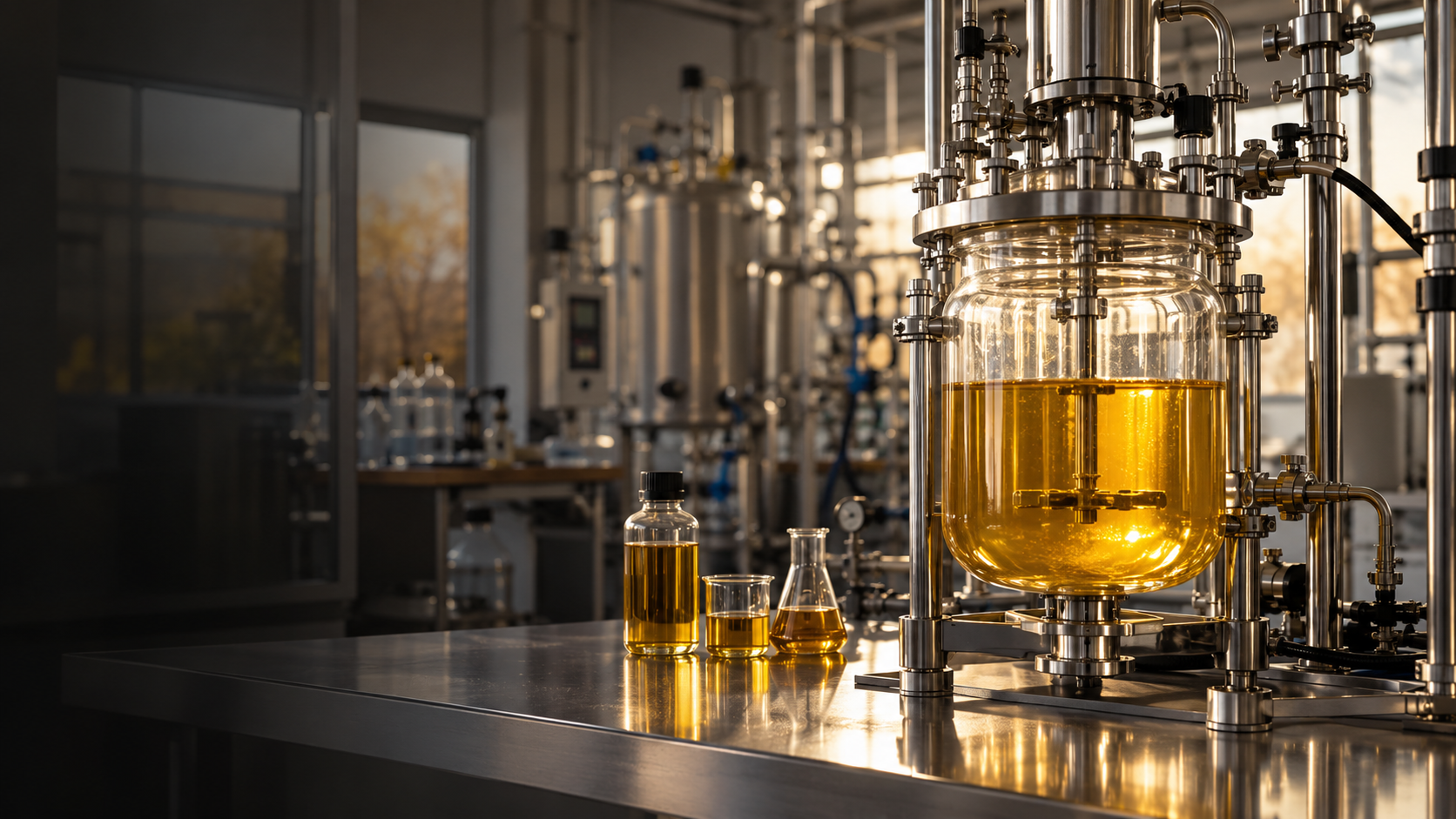 Golden oil samples and a glass process reactor in a pilot laboratory